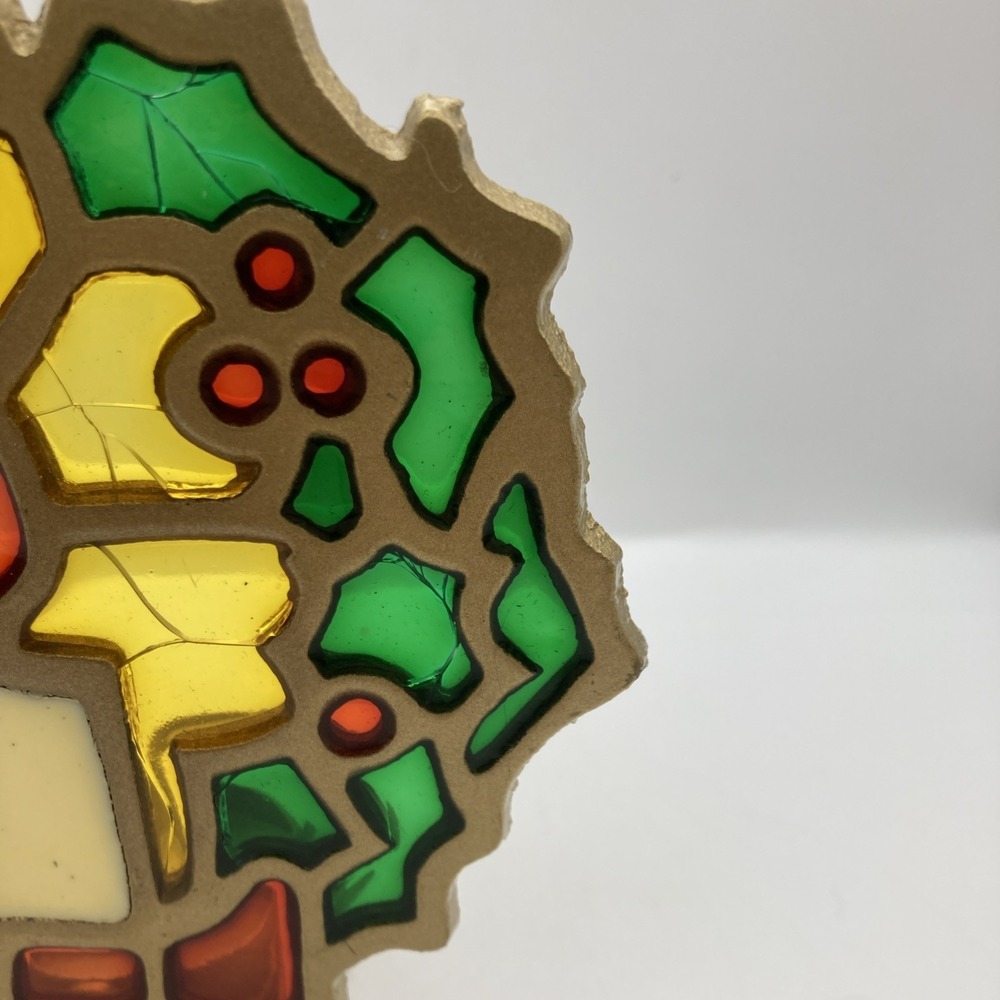Vintage STAINED GLASS Cast Iron Wreath CANDLE HOLDER MCM 70s Christmas - Picture 8 of 11